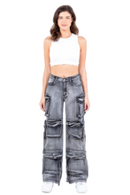 Load image into Gallery viewer, Grey Wash Acid Rinse Cargo Jeans

