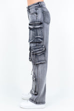 Load image into Gallery viewer, Grey Wash Acid Rinse Cargo Jeans
