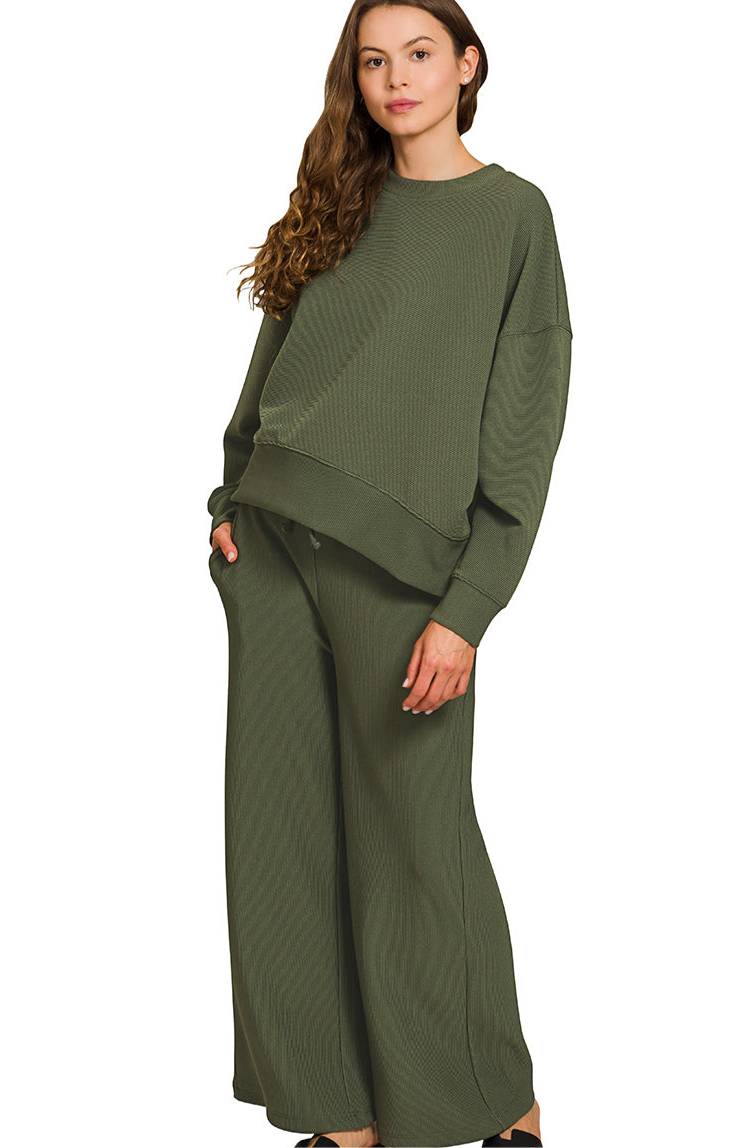 Pack Light 2pc Ribbed Dolman Sleeve Pullover And Wide Leg Pants Set - Olive