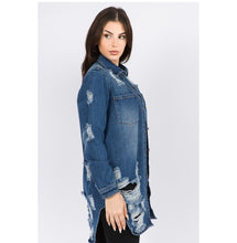 Load image into Gallery viewer, Dark Rinse Distressed Denim Jacket
